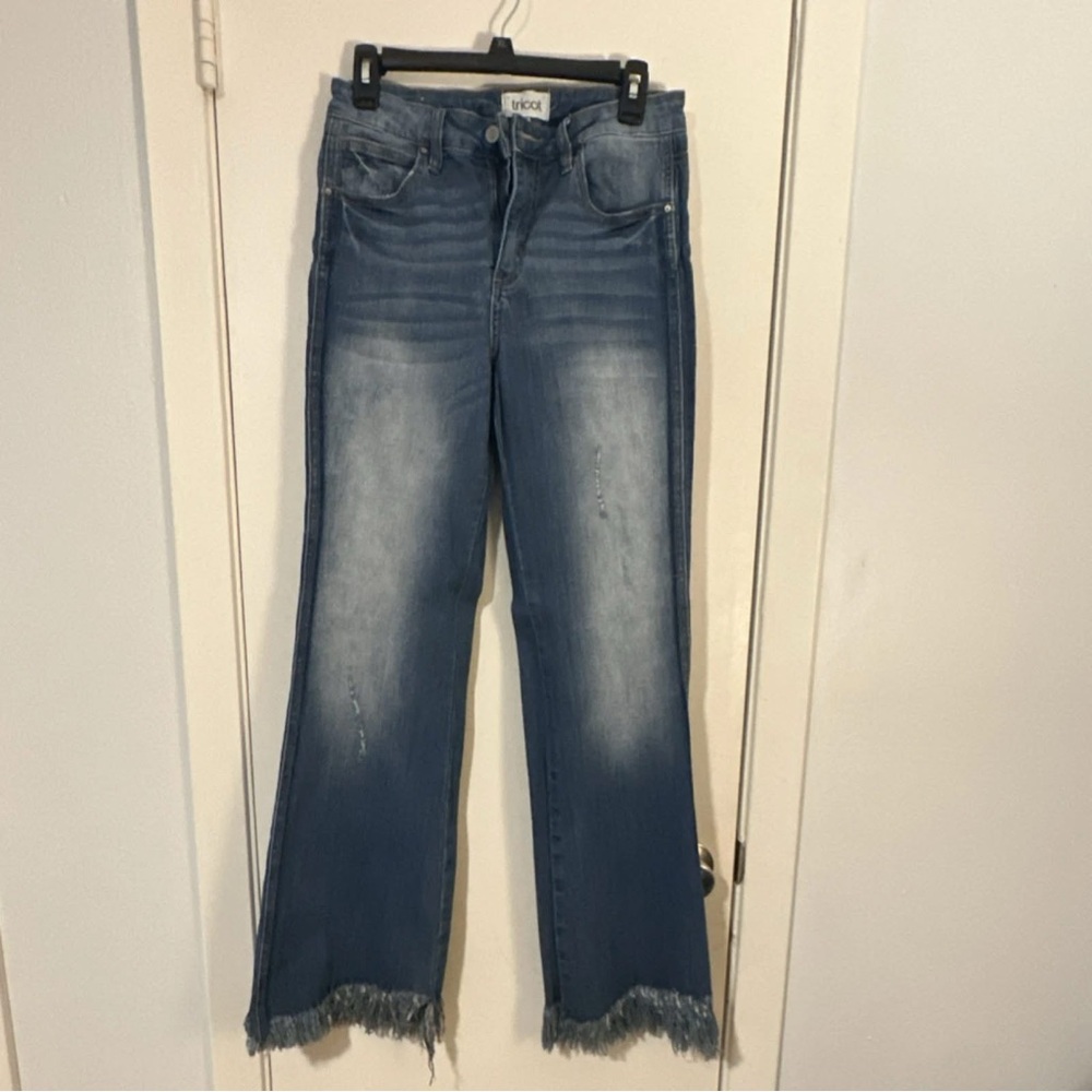 Tricot Women's Wide-Leg Frayed Hem Stretch Jeans Blue Denim Button Zip 5-Pocket